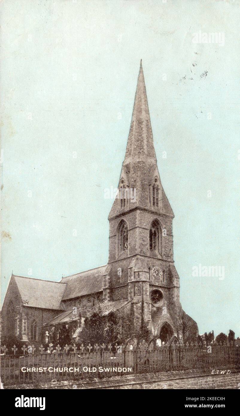Christ Church, Old Swindon, Wiltshire, progettato da George Gilbert Scott e consacrato il 7th novembre 1851. Cartolina colorata del 1860s circa. Foto Stock
