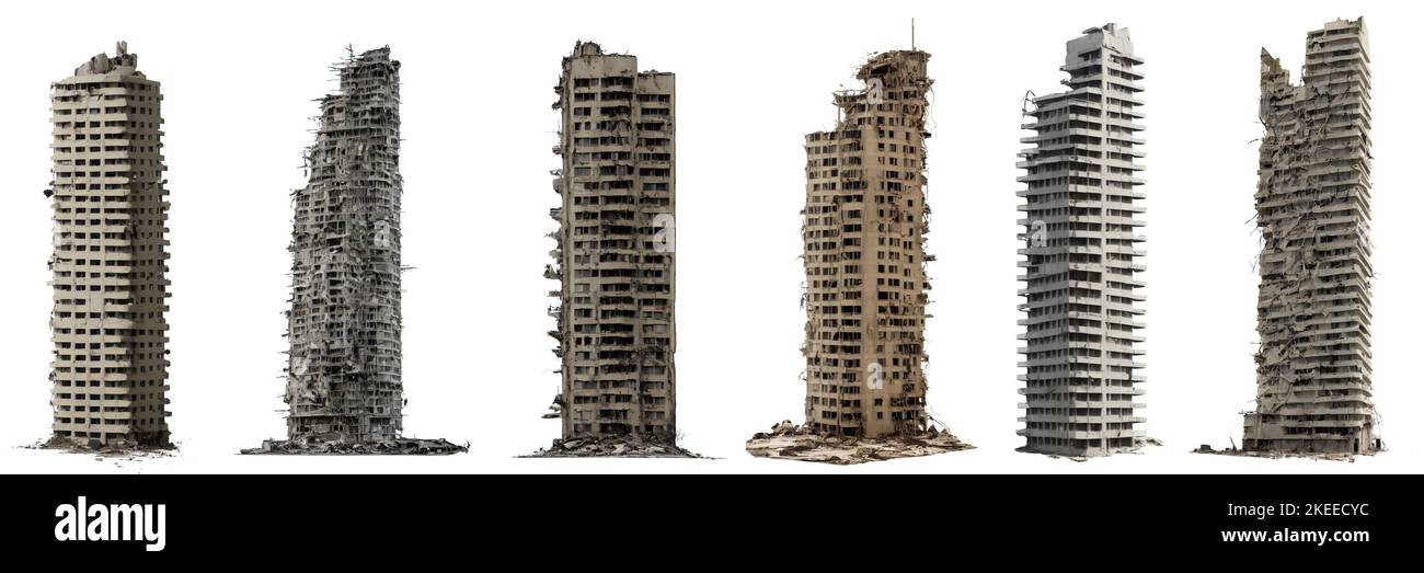set di grattacieli in rovina, alti edifici post-apocalittici isolati su sfondo bianco Foto Stock