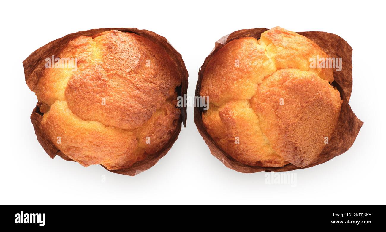 Due muffin alla vaniglia, o cupcake, isolati su sfondo bianco Foto Stock