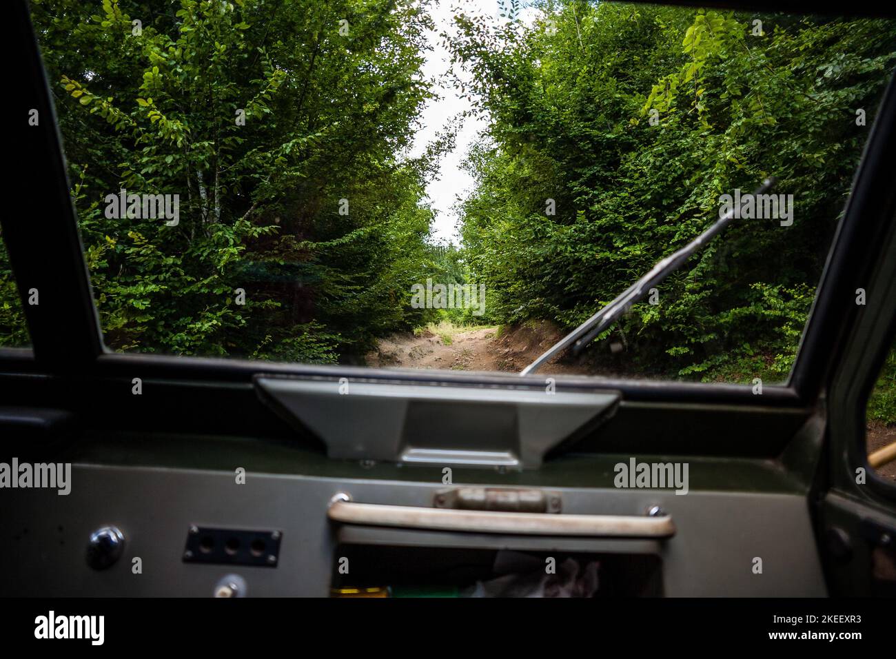 Foto della strada forestale presa dalla cabina di un vecchio camion militare. Foto Stock