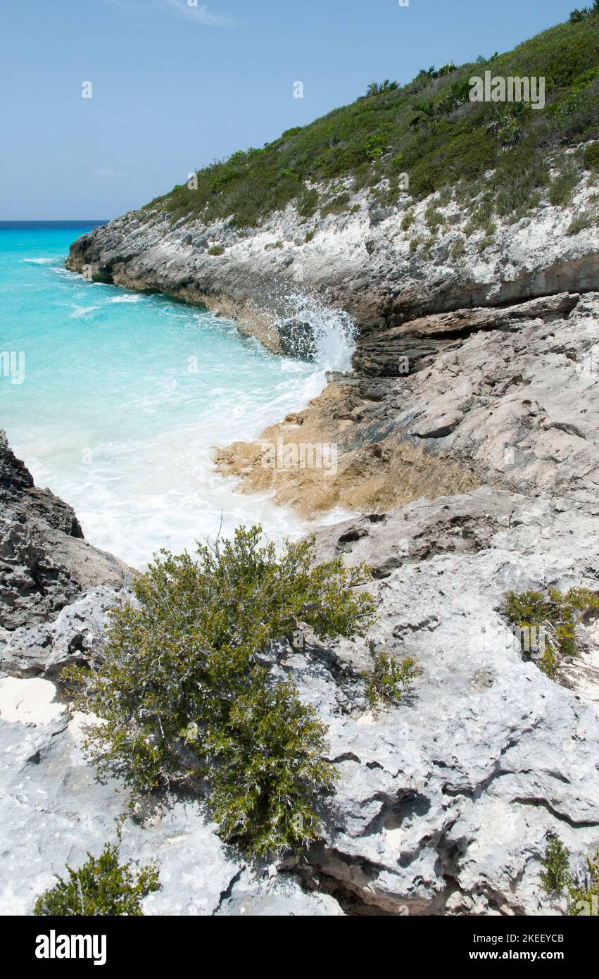 La vista panoramica della costa rocciosa ripida e spruzzi d'onda sull'isola disabitata di Half Moon Cay (Bahamas). Foto Stock