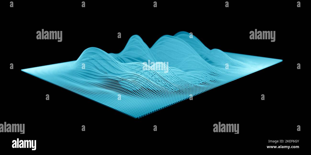 Illustrazione di un modello di onde sonore a reticolo astratto blu, visualizzazione di segnali di frequenza, lunghezze d'onda audio, tecnologia concettuale futuristica Foto Stock