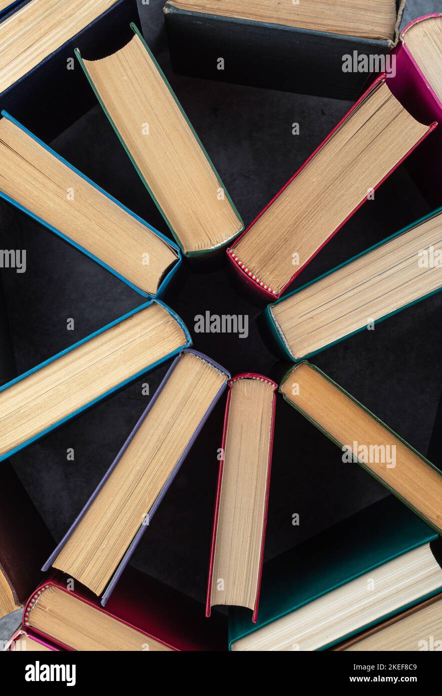 Vista dall'alto delle spine del libro della copertina rigida. Concetto di conoscenza. Primo piano. Foto Stock