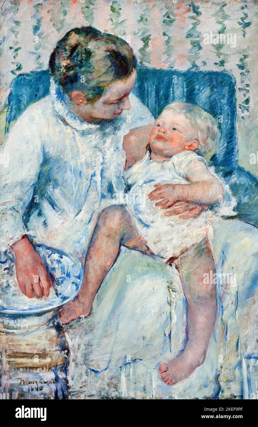 Mary Cassatt, madre che sta per lavare il suo bambino Sleepy 1880 olio su tela, Los Angeles County Museum of Art, USA Foto Stock