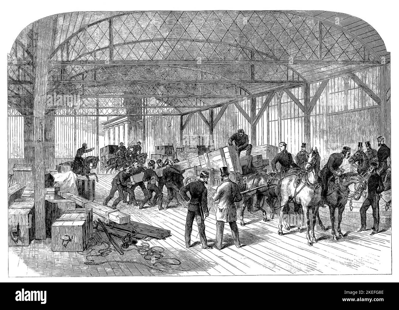 Soldati che scaricano una pistola Armstrong, un campo di carico della brezza e una pistola pesante disegnata da Sir William Armstrong e fabbricata in Inghilterra dalla Elswick Ordnance Company e dall'Arsenale reale di Woolwich, alla seconda esposizione internazionale di Dublino. Si tenne in quello che divenne Iveagh Gardens durante l'estate del 1865 in Irlanda. Foto Stock