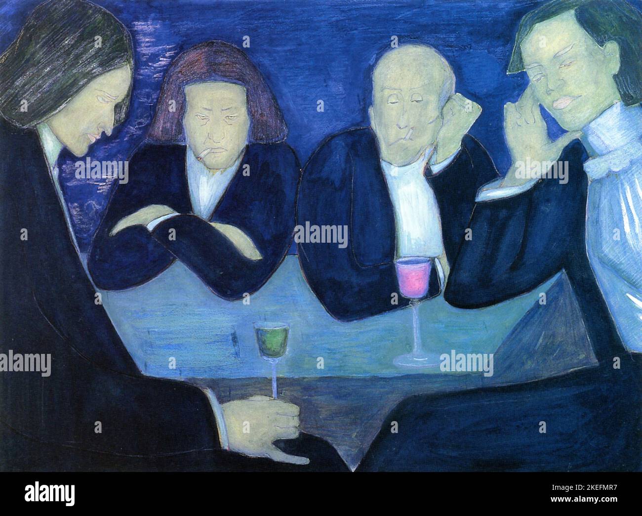 Marianne von Werefkin - al Cafe - 1909 - scena del Blue cafe con un gruppo di uomini seduti attorno ad un tavolo che si annoia. Foto Stock