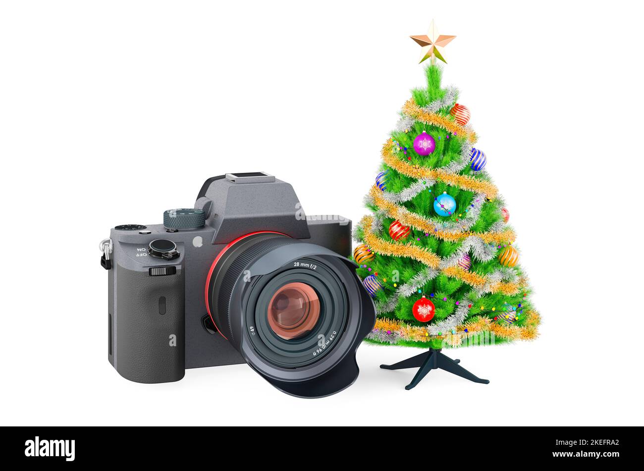 Concetto di sessione fotografica di Natale. Fotocamera digitale con albero di Natale. 3D rendering isolato su sfondo bianco Foto Stock