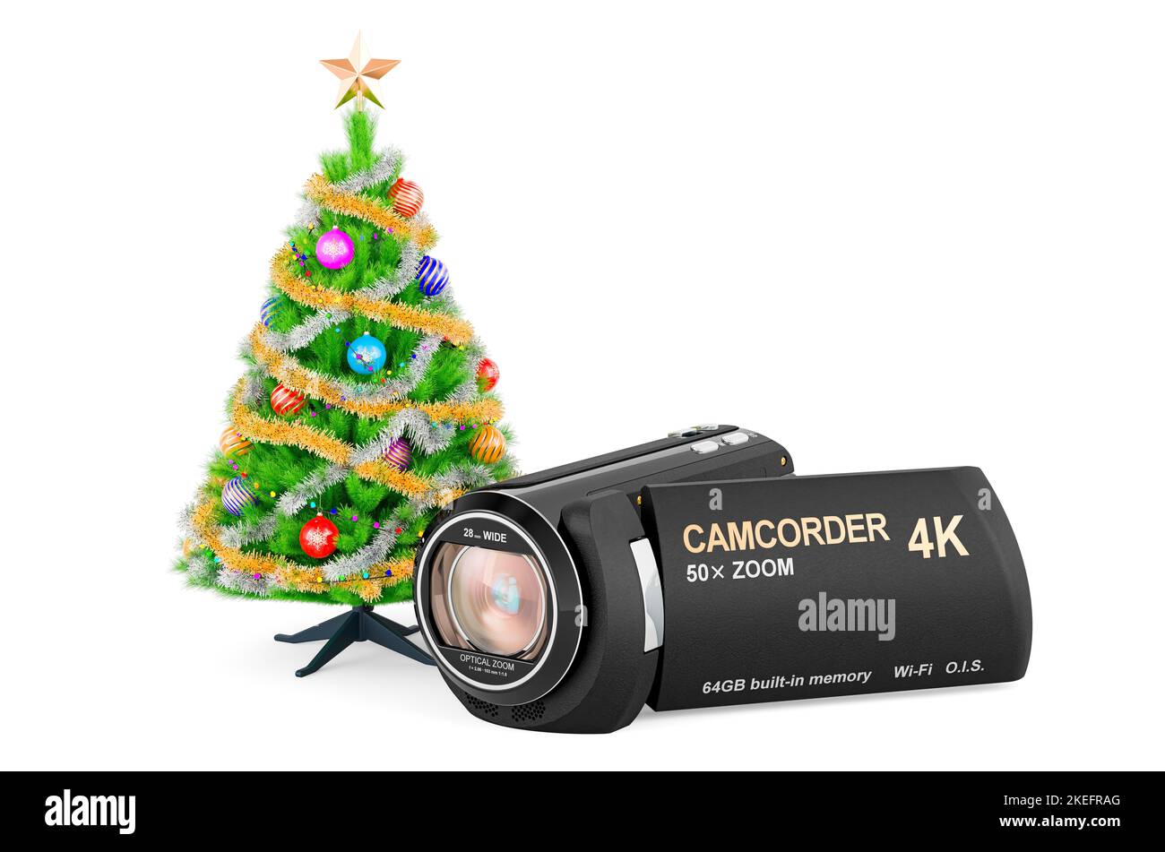 Concetto di video domestico di Natale. Videocamera con albero di Natale. 3D rendering isolato su sfondo bianco Foto Stock