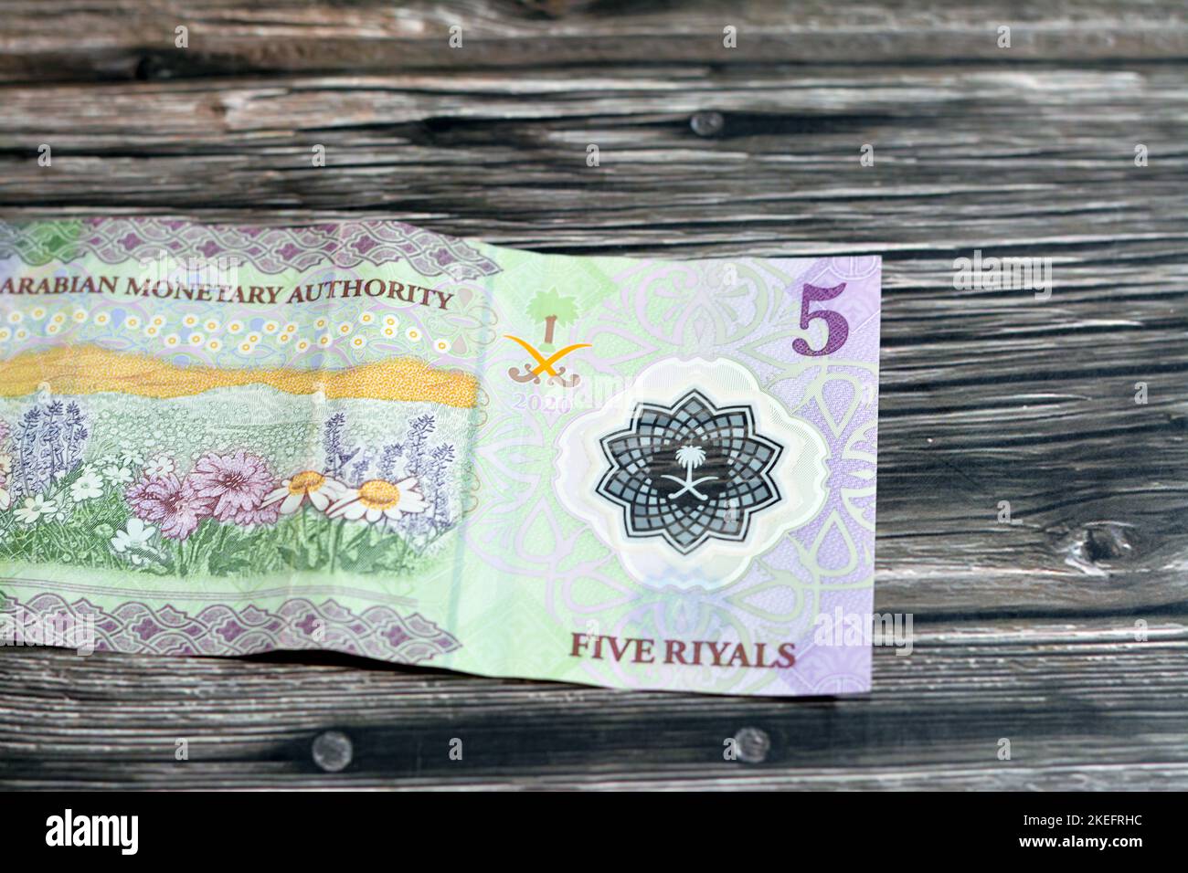 Retro del nuovo polimero 5 SAR cinque Arabia Saudita riyals cash money banconote serie 1441 AH 2020 presenta un campo di fiori, selettivo foc Foto Stock