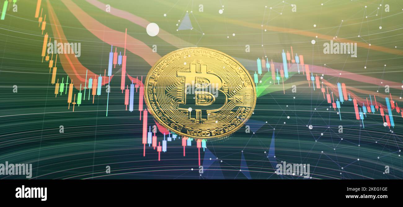 Bitcoins e New Virtual Money Concept , grafico di trading e grafico a candele adatto per il concetto di investimento finanziario. Foto Stock