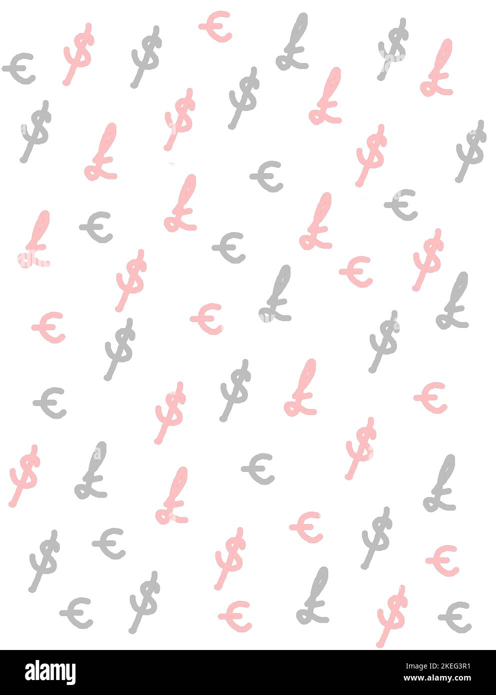 Simboli della sterlina, del dollaro e dell'euro in grigio e rosso pallido utilizzati per creare uno sfondo che illustri i tassi di cambio, l'economia, la finanza e il confronto. Foto Stock