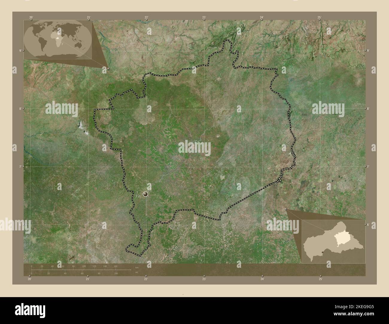 Haute-Kotto, prefettura della Repubblica Centrafricana. Mappa satellitare ad alta risoluzione. Mappe delle posizioni ausiliarie degli angoli Foto Stock