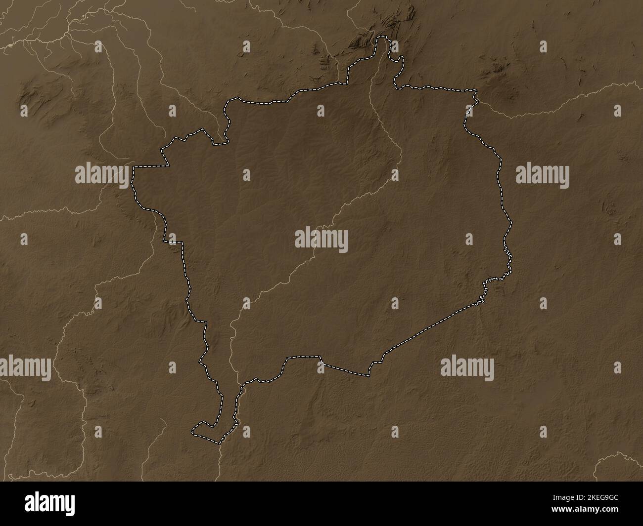 Haute-Kotto, prefettura della Repubblica Centrafricana. Mappa dell'altitudine colorata in tonalità seppia con laghi e fiumi Foto Stock