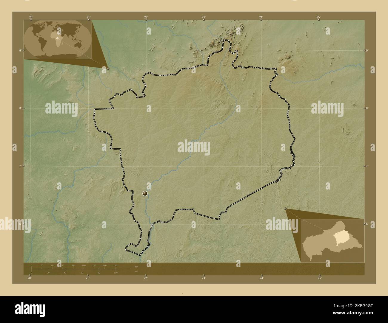 Haute-Kotto, prefettura della Repubblica Centrafricana. Mappa di altitudine colorata con laghi e fiumi. Mappe delle posizioni ausiliarie degli angoli Foto Stock