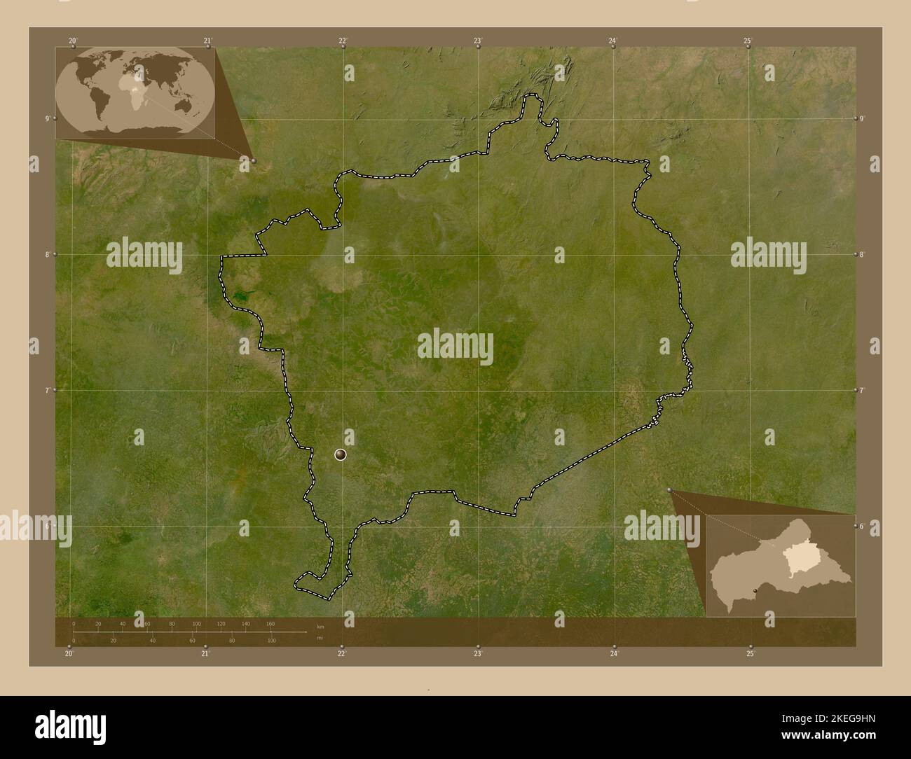 Haute-Kotto, prefettura della Repubblica Centrafricana. Mappa satellitare a bassa risoluzione. Mappe delle posizioni ausiliarie degli angoli Foto Stock