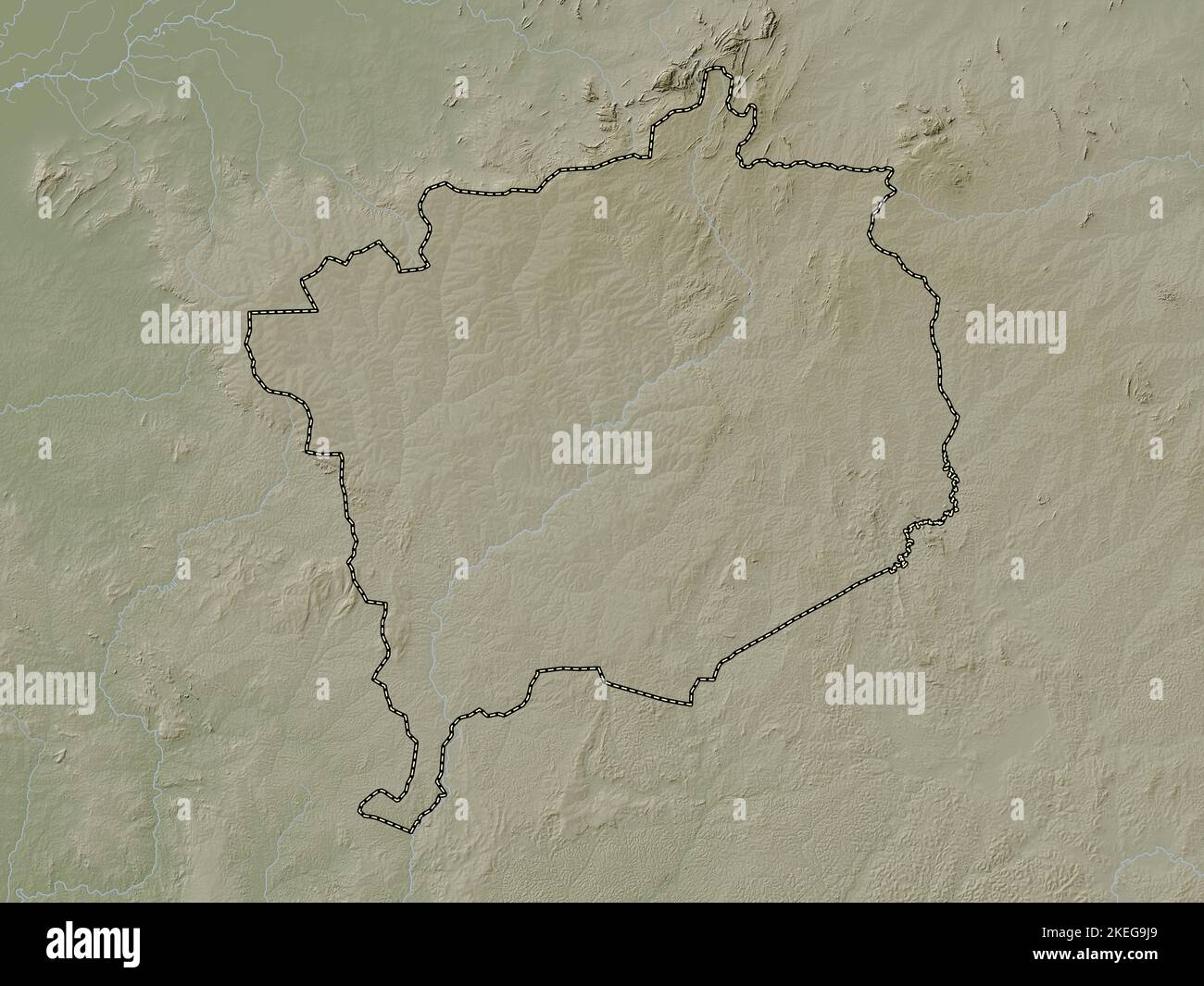 Haute-Kotto, prefettura della Repubblica Centrafricana. Mappa dell'altitudine colorata in stile wiki con laghi e fiumi Foto Stock