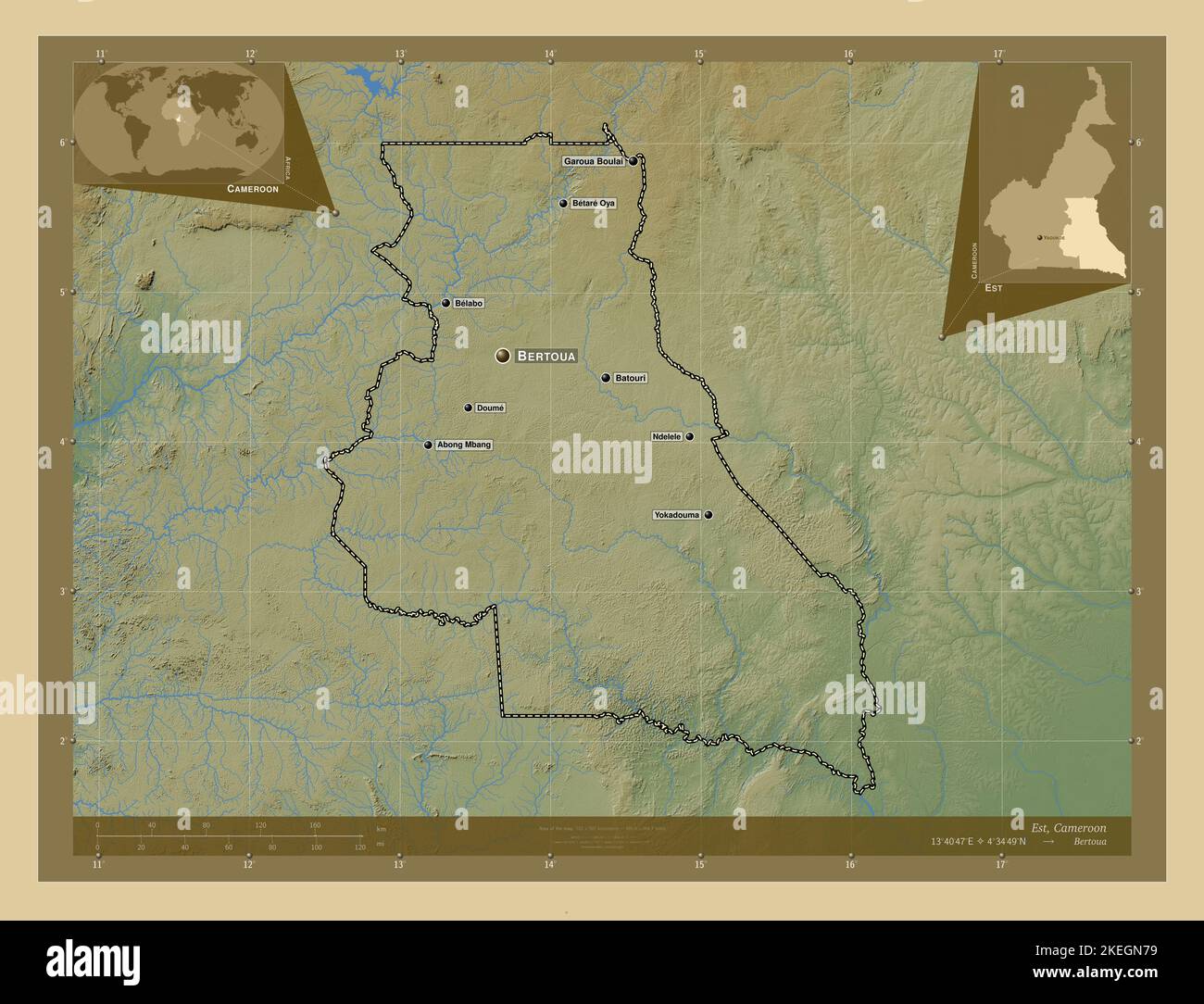 Est, regione del Camerun. Mappa di altitudine colorata con laghi e ...