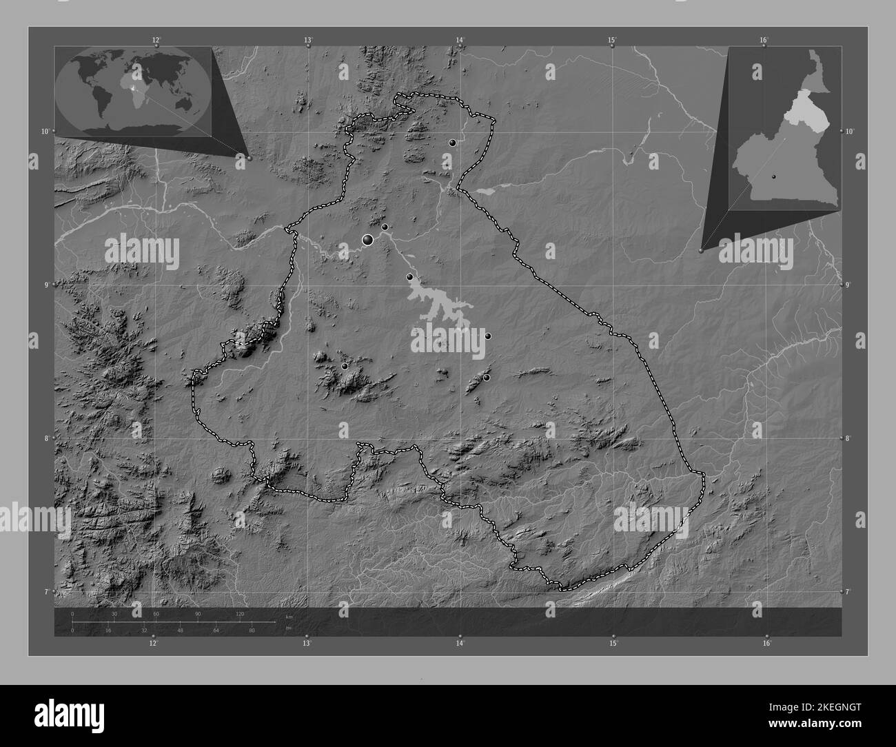 Nord, regione del Camerun. Mappa altimetrica bilivello con laghi e fiumi. Posizioni delle principali città della regione. Mappe delle posizioni ausiliarie degli angoli Foto Stock