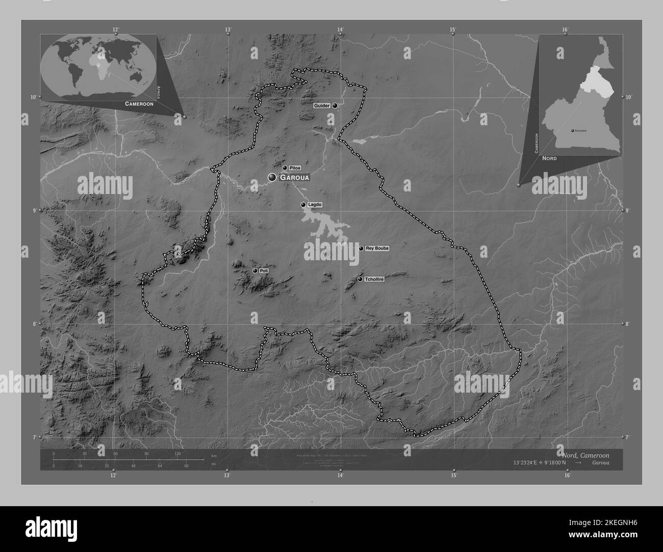Nord, regione del Camerun. Mappa in scala di grigi con laghi e fiumi ...
