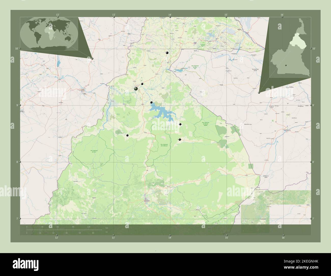 Nord, regione del Camerun. Aprire la mappa stradale. Posizioni delle principali città della regione. Mappe delle posizioni ausiliarie degli angoli Foto Stock