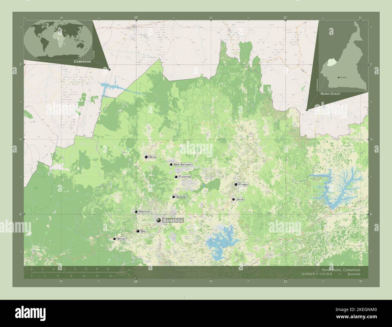 Nord-Ouest, regione del Camerun. Aprire la mappa stradale. Località e nomi delle principali città della regione. Mappe delle posizioni ausiliarie degli angoli Foto Stock