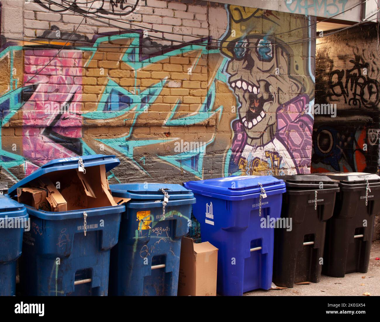 Toronto, Canada - 12 2022 novembre: Contenitori di spazzatura contro un murale del muro nel centro di Toronto, Foto Stock