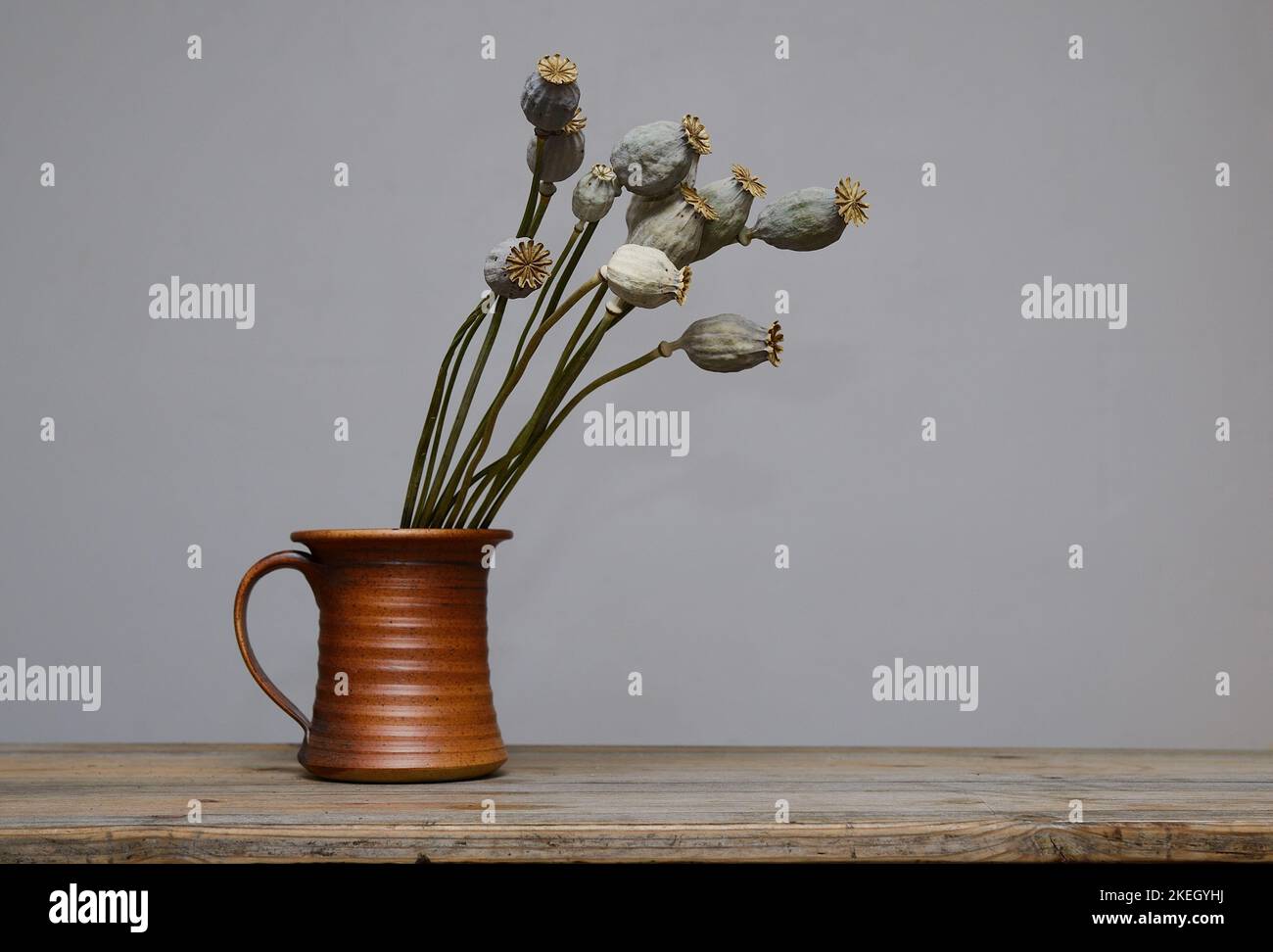 teste di semi di papavero essiccato in un vaso di ceramica su tavolo di legno Foto Stock
