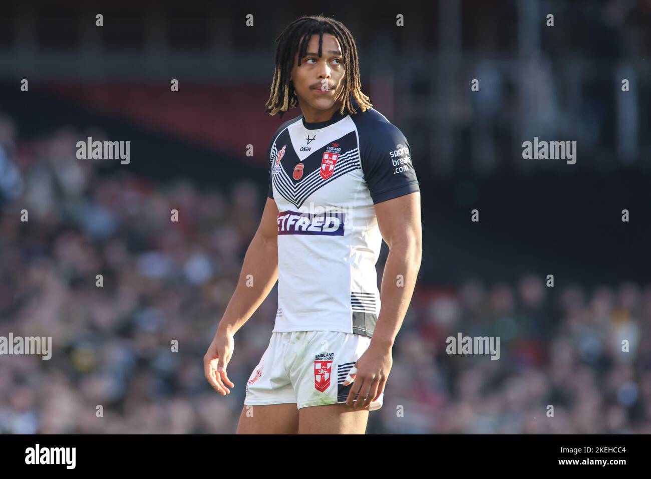 Londra, Regno Unito. 12th Nov 2022. Emirates Stadium, Londra, 12th novembre 2022. Inghilterra Rugby League vs Samoa Rugby League nella Coppa del mondo di Rugby League 2021 Semifinale Dom Young of England Rugby League Credit: Touchlinepics/Alamy Live News Foto Stock