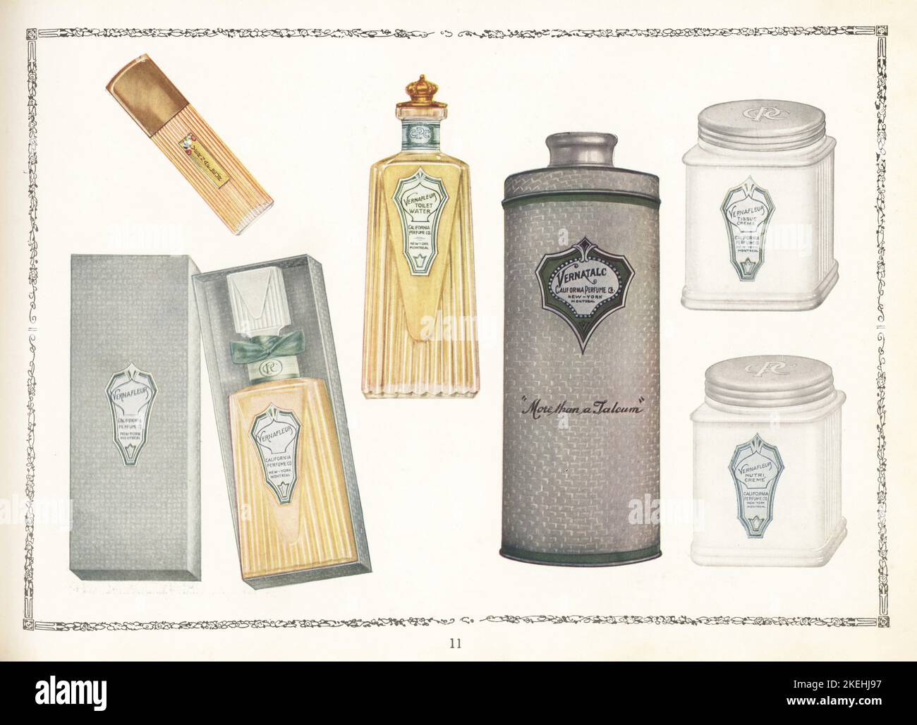 Cosmetici a marchio Vernafleur di CPC, 1926. Flacon e bottiglia di profumo con scatola, bottiglia di acqua di toletta o eau de toilette, lattina di talco Vernatalc polvere, vasetti di crema di tessuto e nutri-crema. Chromolithograph di un artista sconosciuto del catalogo dei prodotti della California Perfume Company (successivamente Avon), New York, Kansas, Montreal, 1926. Foto Stock