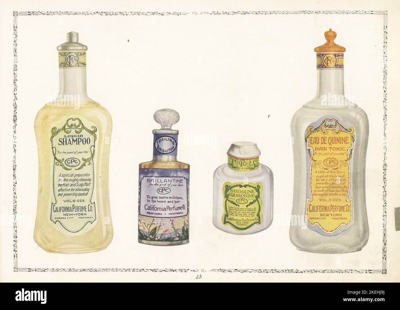 Cosmetici a marchio CPC dal 1926. Bottiglia di shampoo liquido, bottiglia di medicazione per capelli Brillantine, bottiglia di medicazione per capelli Bandoline e bottiglia di tonico per capelli Eau de Quinine. Chromolithograph di un artista sconosciuto del catalogo dei prodotti della California Perfume Company (successivamente Avon), New York, Kansas, Montreal, 1926. Foto Stock