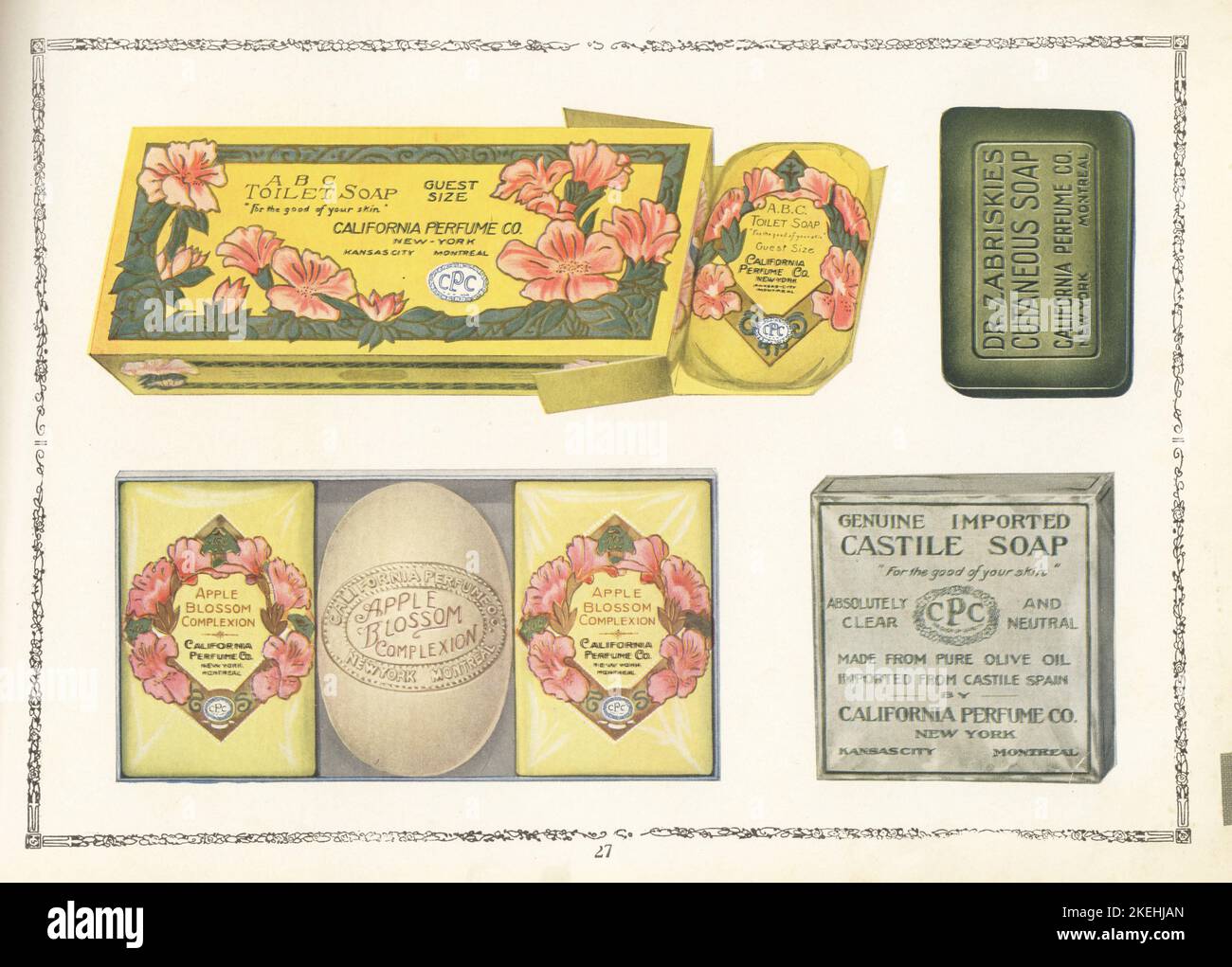 Saponi cosmetici di marca CPC da 1926. Confezione di saponi ABC, confezione di sapone al carnagione Apple Blossom, sapone cutaneo del Dr. Zabriskie e sapone Castile originale importato. Chromolithograph di un artista sconosciuto del catalogo dei prodotti della California Perfume Company (successivamente Avon), New York, Kansas, Montreal, 1926. Foto Stock