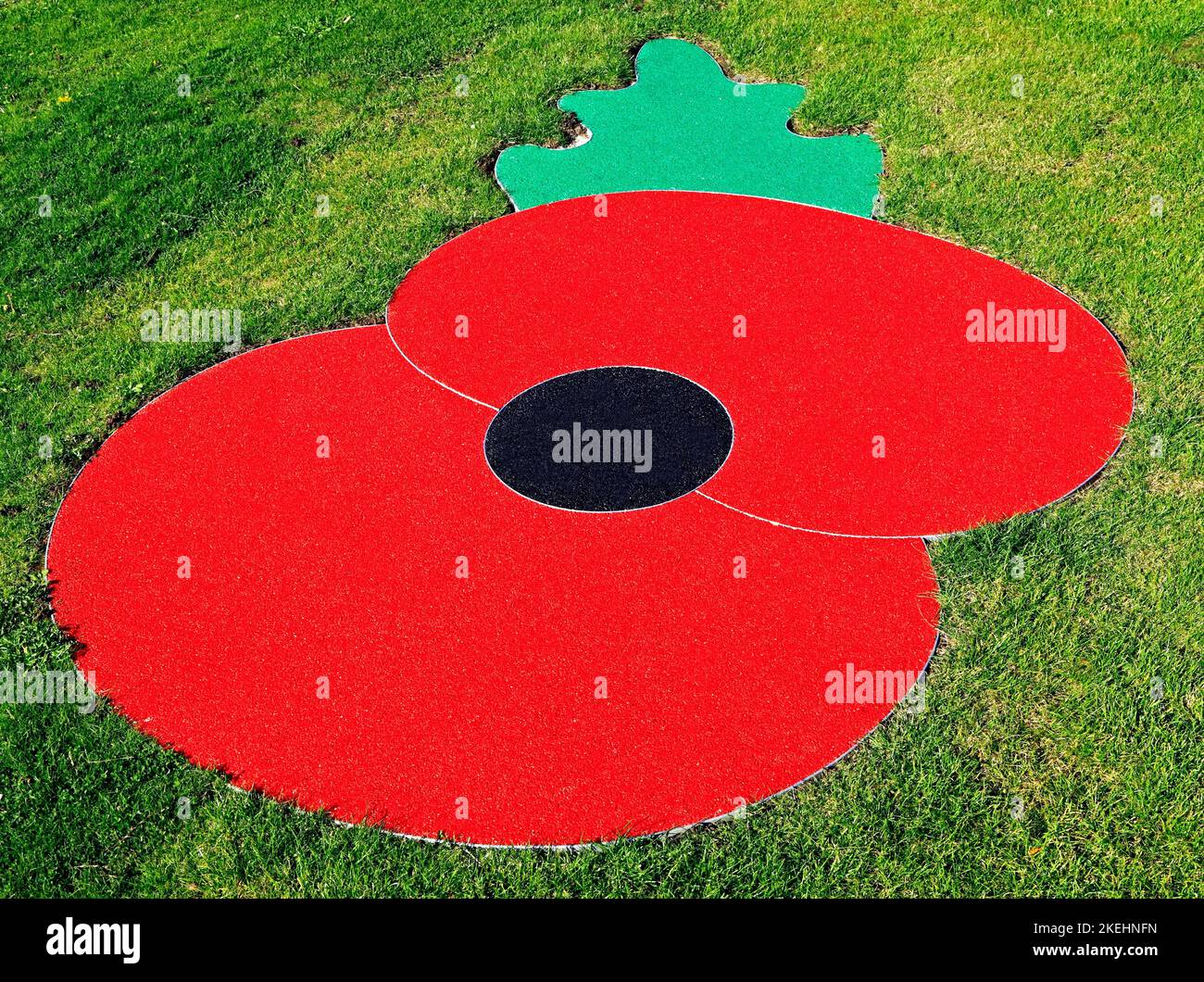 Giorno del ricordo Poppy, logo, simbolo, set in erba sintetica, prato, Grass, Hunstanton, Norfolk, Inghilterra, Regno Unito Foto Stock