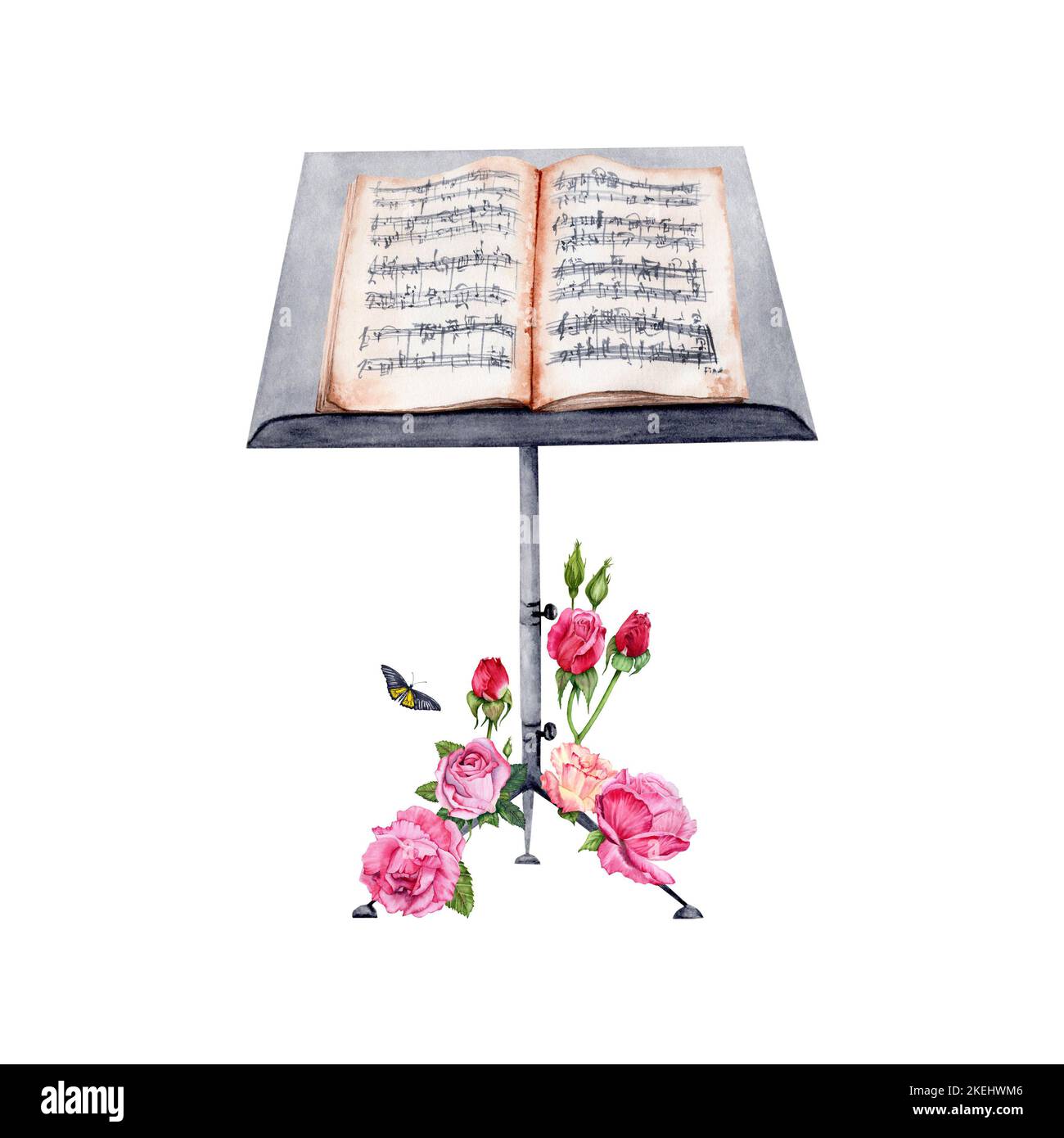 Music Stand con Spartiti di musica decorata con illustrazione di colore d'acqua di Roses su sfondo bianco. Per biglietti, inviti, programmi musicali, volantini, regali. Foto Stock