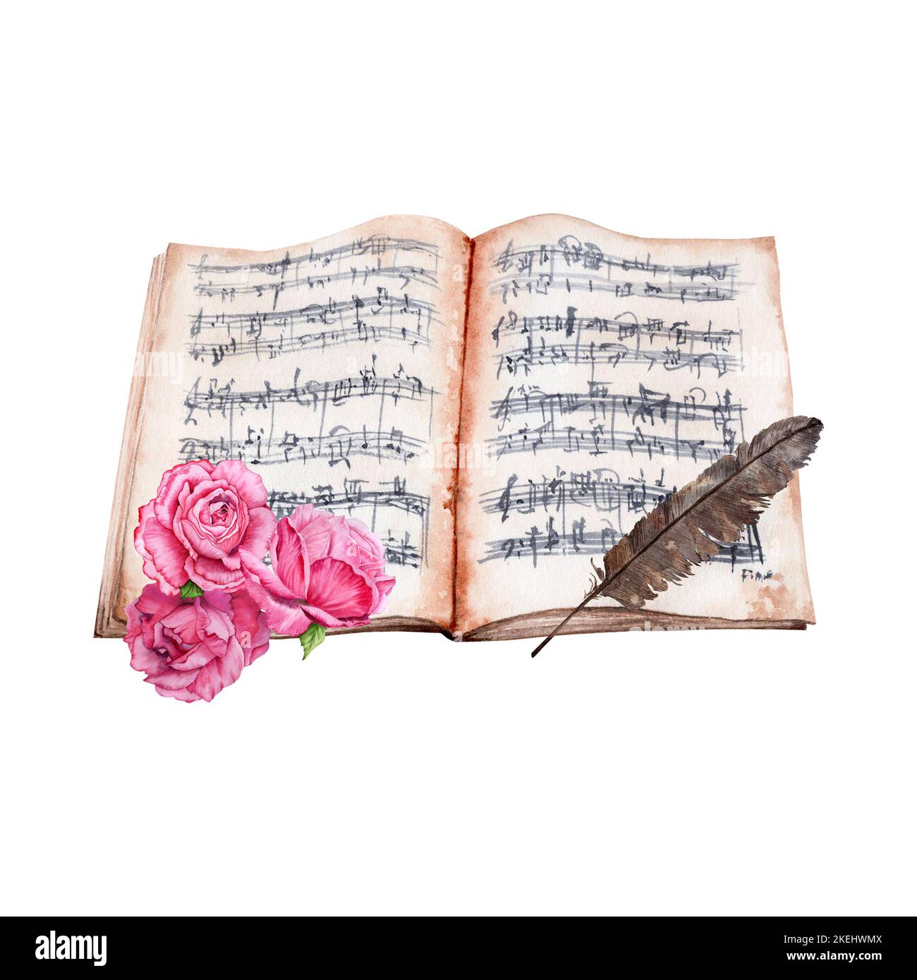 Sheet Music decorato con figure di acquerello rosa Rose su sfondo bianco. Perfetto per biglietti, certificati di laurea, regali per musicisti. Foto Stock