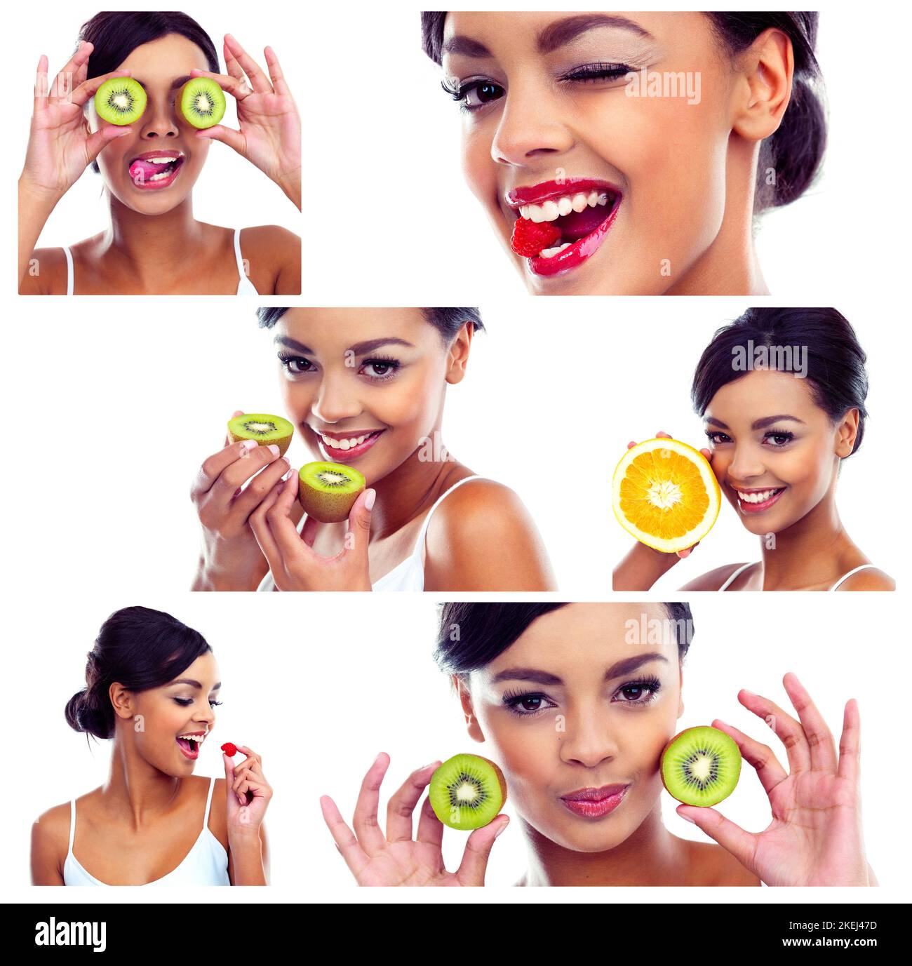 La bontà degli agrumi. Immagine composita di una giovane donna attraente in posa con vari frutti. Foto Stock