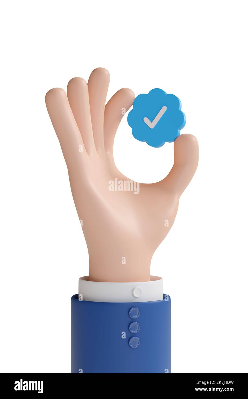 Buenos Aires, Argentina - Novembre 13th: Cartoon mano con il badge di verifica Twitter. illustrazione 3d. Foto Stock