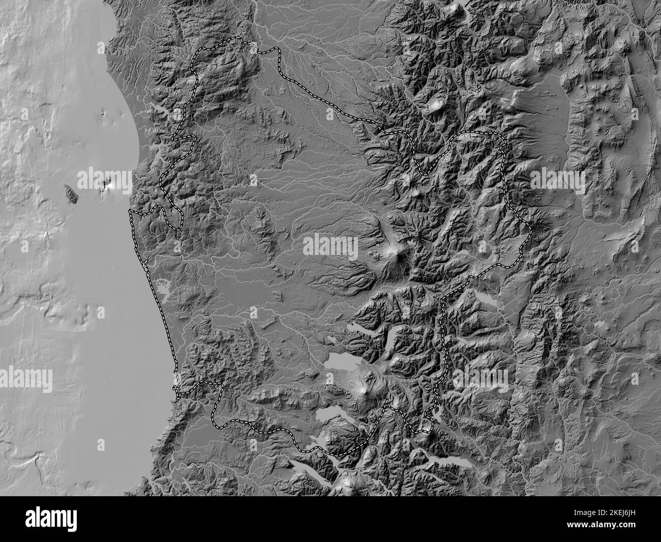 Araucania, regione del Cile. Mappa altimetrica bilivello con laghi e fiumi Foto Stock