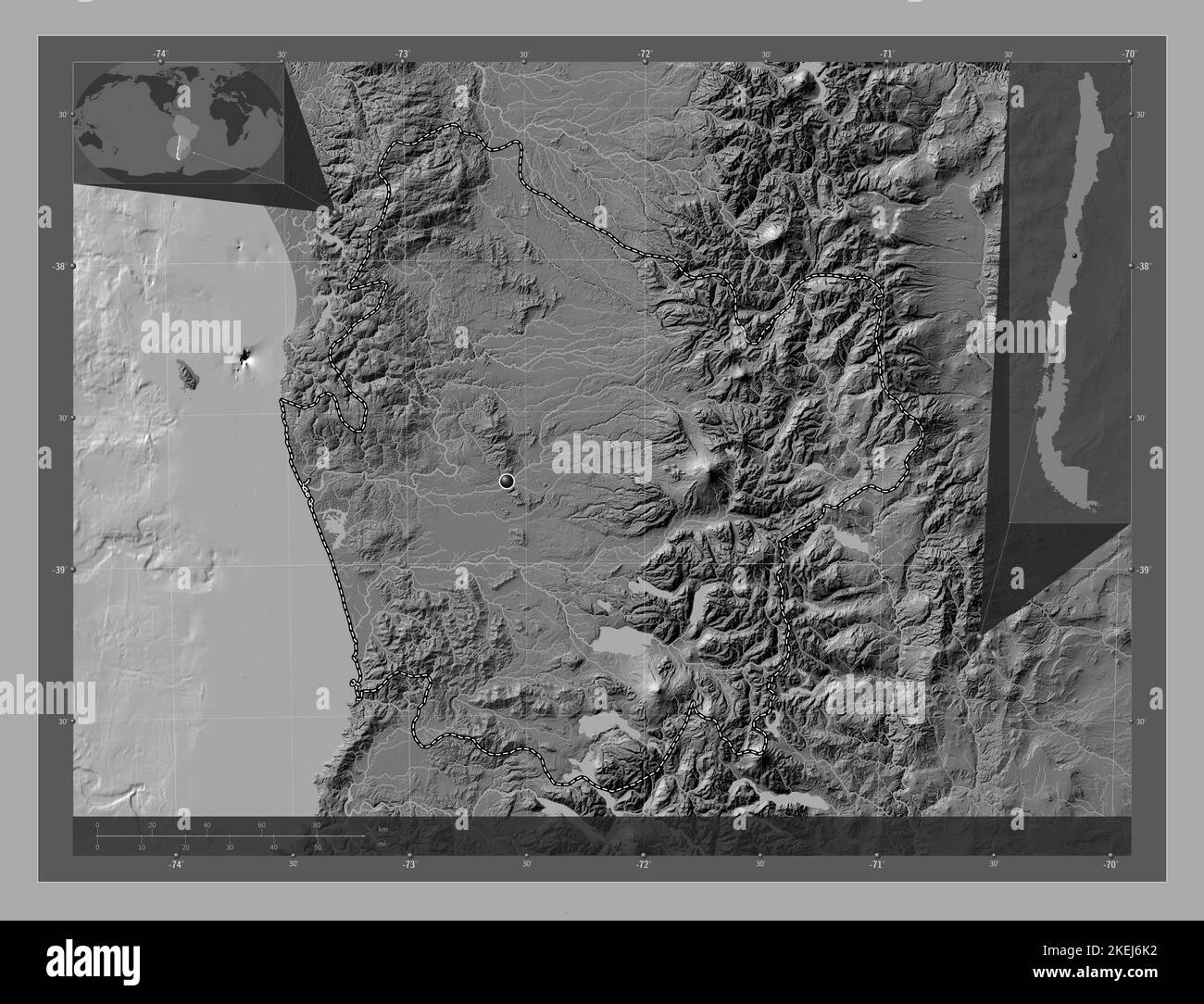 Araucania, regione del Cile. Mappa altimetrica bilivello con laghi e fiumi. Mappe delle posizioni ausiliarie degli angoli Foto Stock