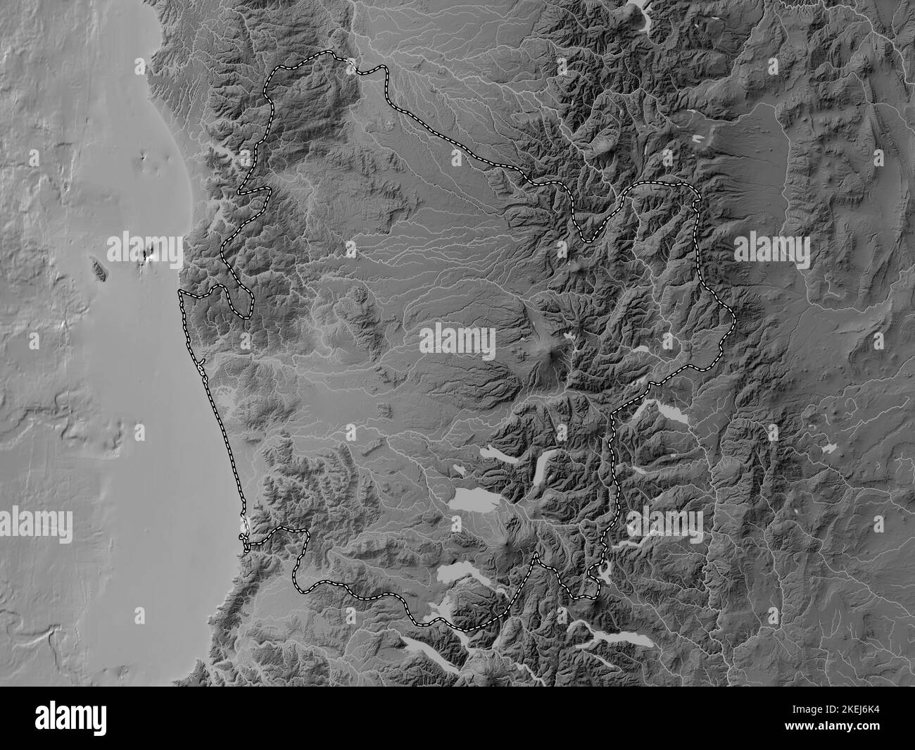 Araucania, regione del Cile. Mappa in scala di grigi con laghi e fiumi Foto Stock