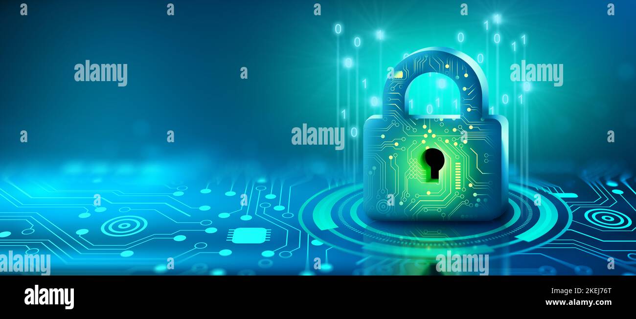 Lucchetto con Keyhole in sicurezza dei dati sul punto di convergenza del circuito. Privacy dei dati informatici e delle informazioni. Sicurezza tecnologica futura. Foto Stock