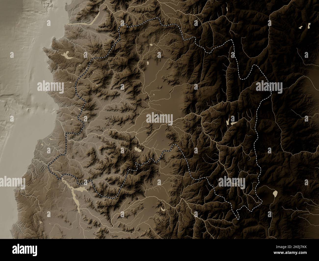 Regione Metropolitana di Santiago, regione del Cile. Mappa dell'altitudine colorata in tonalità seppia con laghi e fiumi Foto Stock