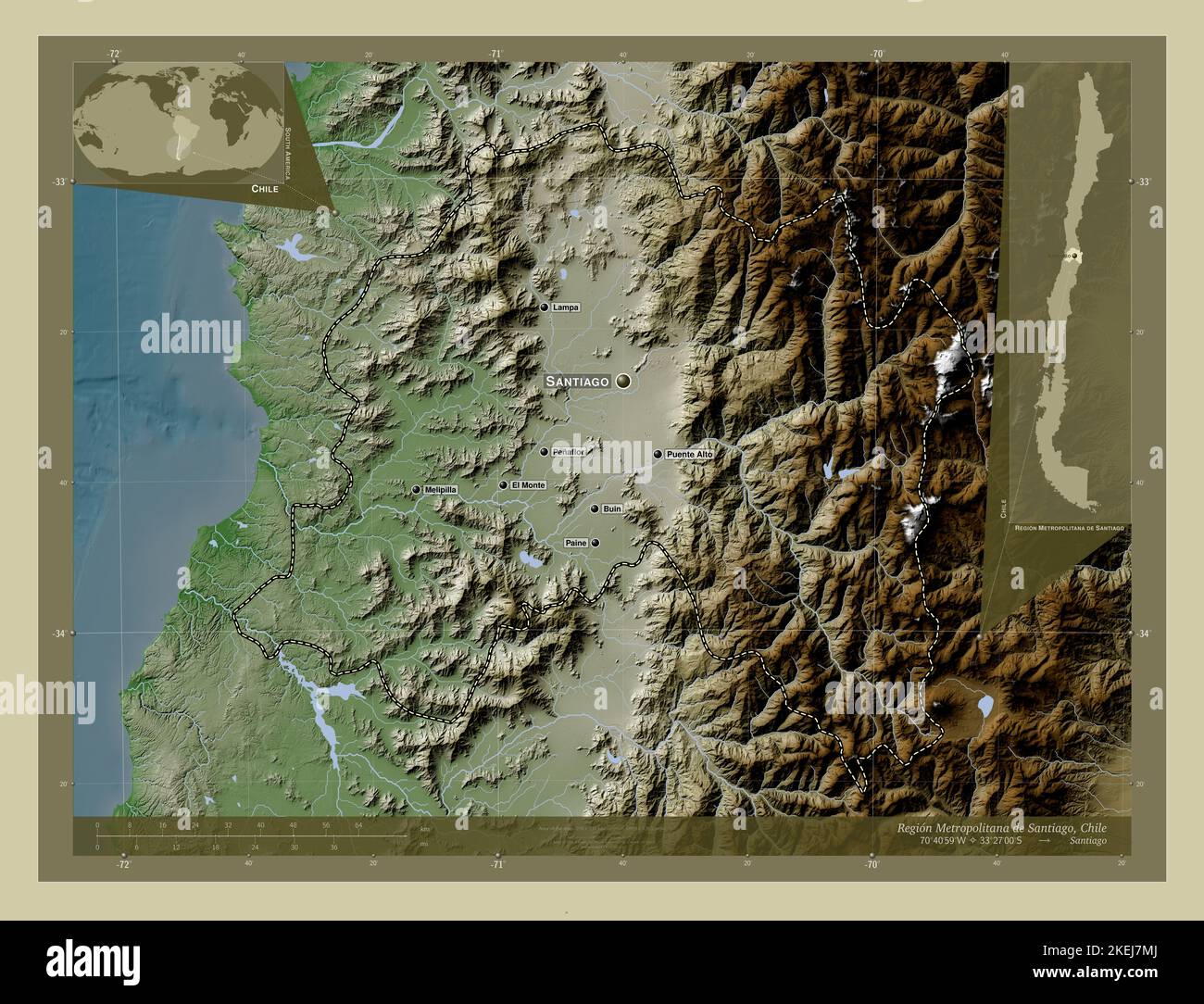 Regione Metropolitana di Santiago, regione del Cile. Mappa dell'altitudine colorata in stile wiki con laghi e fiumi. Località e nomi delle principali città di t Foto Stock