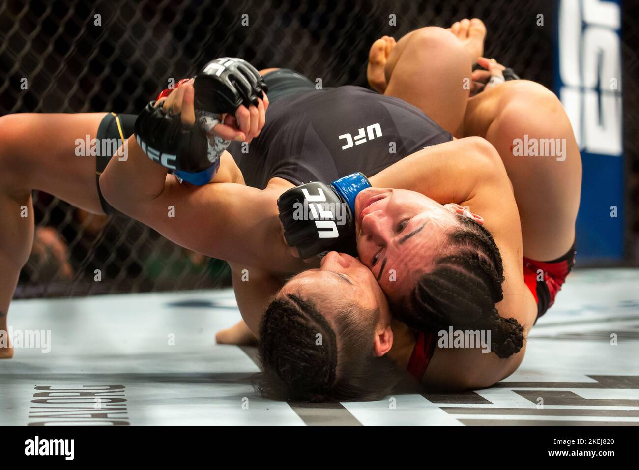 New York, Stati Uniti. 12th Nov 2022. Zhang Weili (bottom) della Cina e Carla Esparza degli Stati Uniti gareggiano durante il loro gioco di peso delle fragole femminile all'UFC 281 a Madison Square Garden a New York, Stati Uniti, 12 novembre 2022. Zhang Weili, il primo campione cinese di UFC, ha recuperato il campione femminile di peso delle fragole con una sottomissione al secondo turno su Carla Esparza all'UFC 281 di sabato sera. Credit: Michael Nagle/Xinhua/Alamy Live News Foto Stock