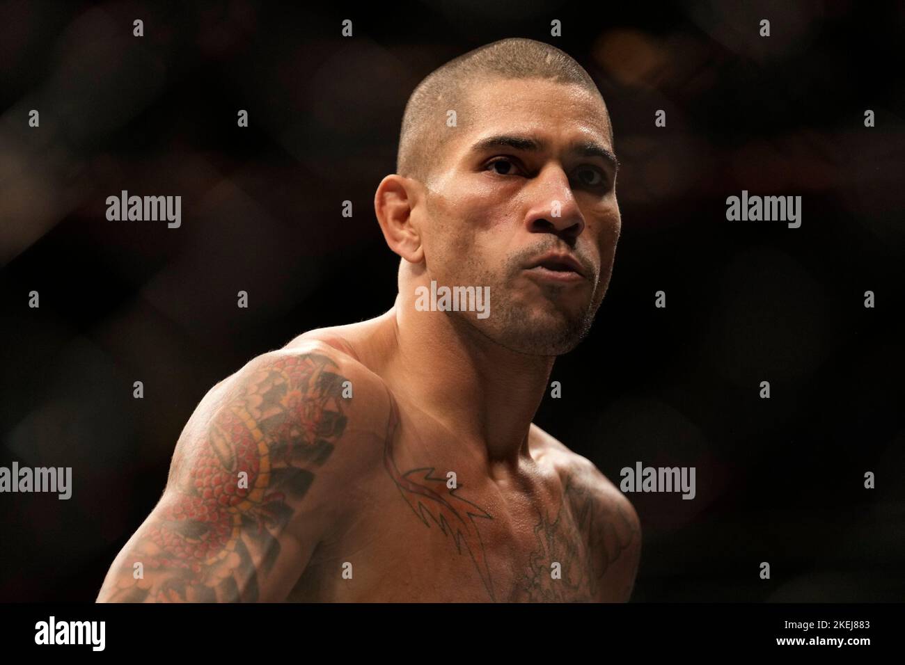 NEW YORK CITY, NY - NOVEMBRE 12: Alex Pereira guarda avanti nel suo titolo di Middlewight lotta contro Israele Adesanya durante l'evento UFC 281 al Madison Square Garden il 12 novembre 2022 a New York City, New York, Stati Uniti. (Foto di Louis Grasse/PxImages) Credit: PX Images/Alamy Live News Foto Stock