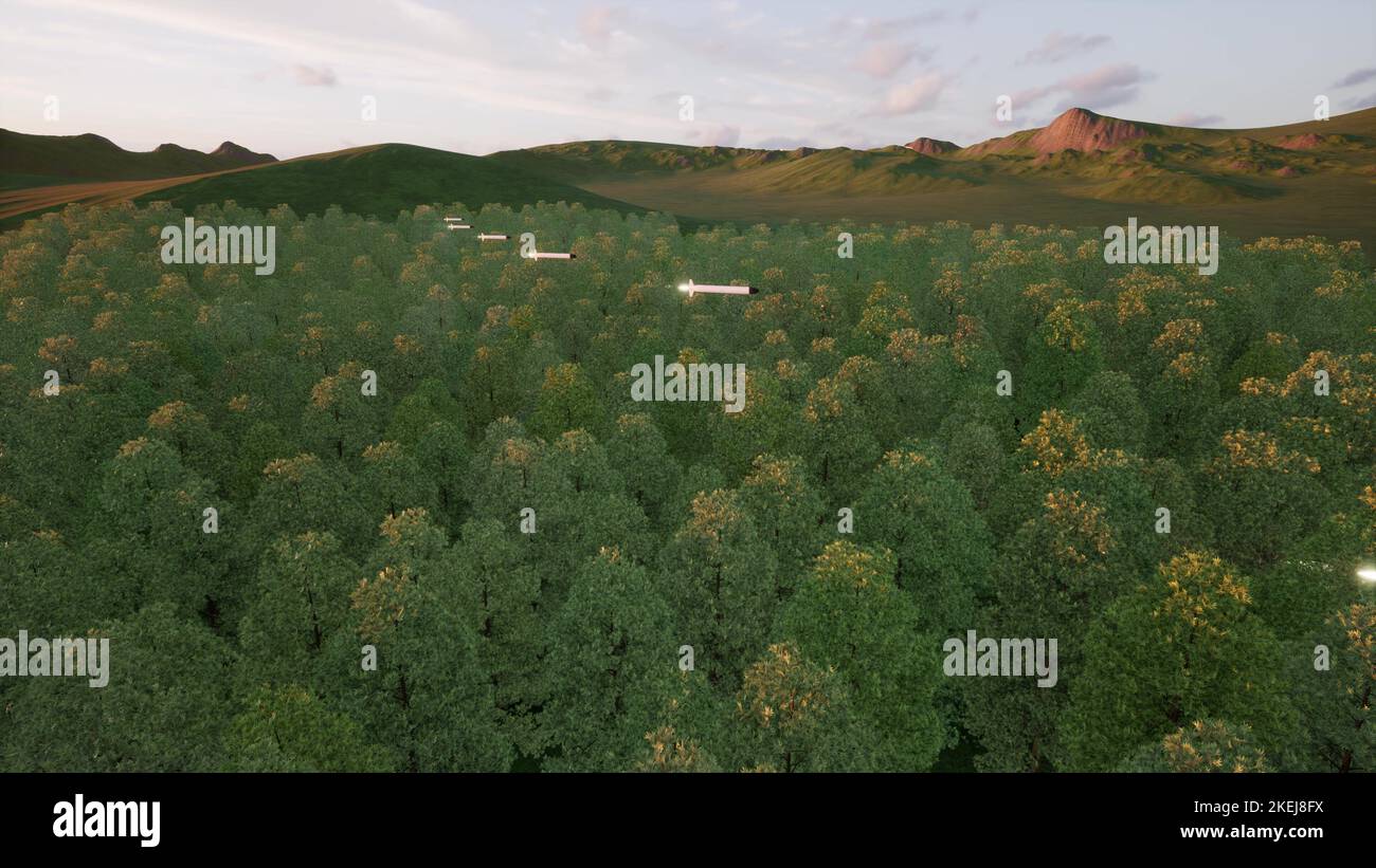 Esercito razzo aereo volo Ucraina guerra sopra la foresta 3D rendere Foto Stock