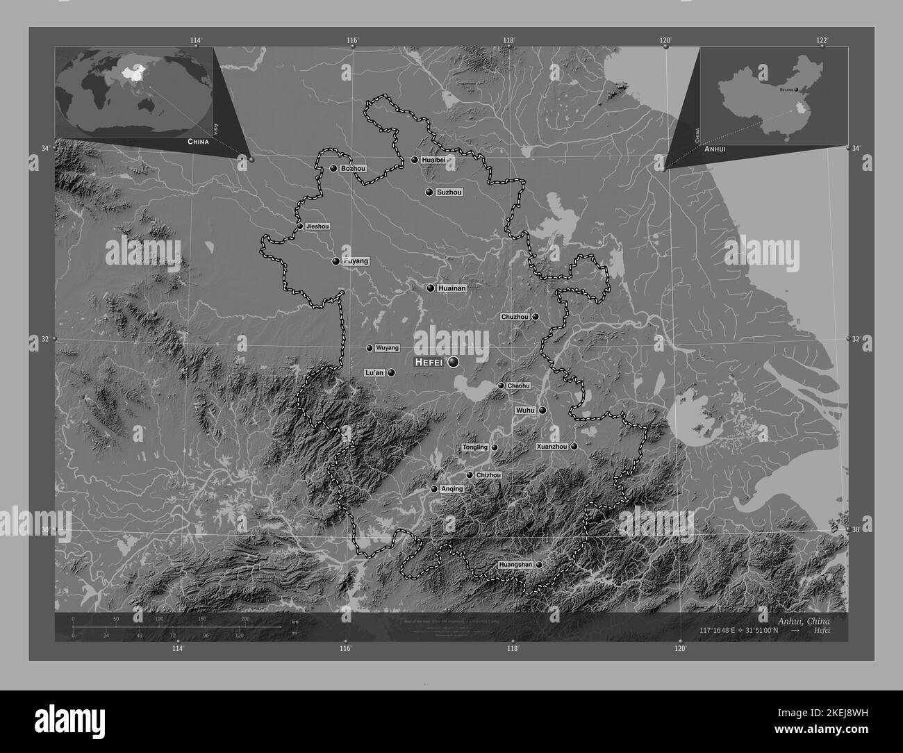 Anhui, provincia della Cina. Mappa altimetrica bilivello con laghi e fiumi. Località e nomi delle principali città della regione. Posizione ausiliaria angolo ma Foto Stock