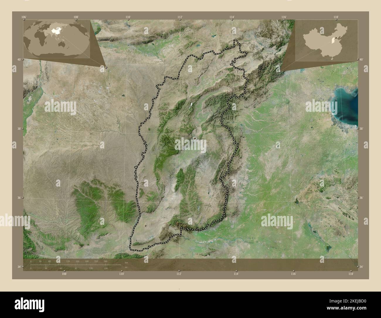 Shanxi, provincia della Cina. Mappa satellitare ad alta risoluzione. Mappe delle posizioni ausiliarie degli angoli Foto Stock