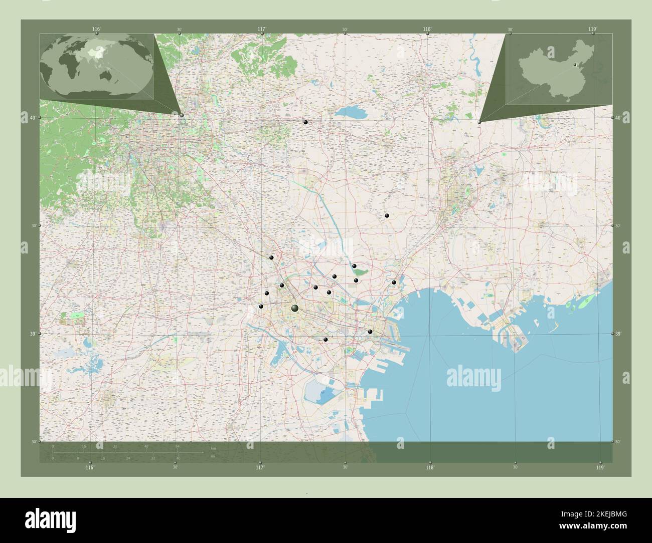 Tianjin, comune della Cina. Aprire la mappa stradale. Posizioni delle principali città della regione. Mappe delle posizioni ausiliarie degli angoli Foto Stock