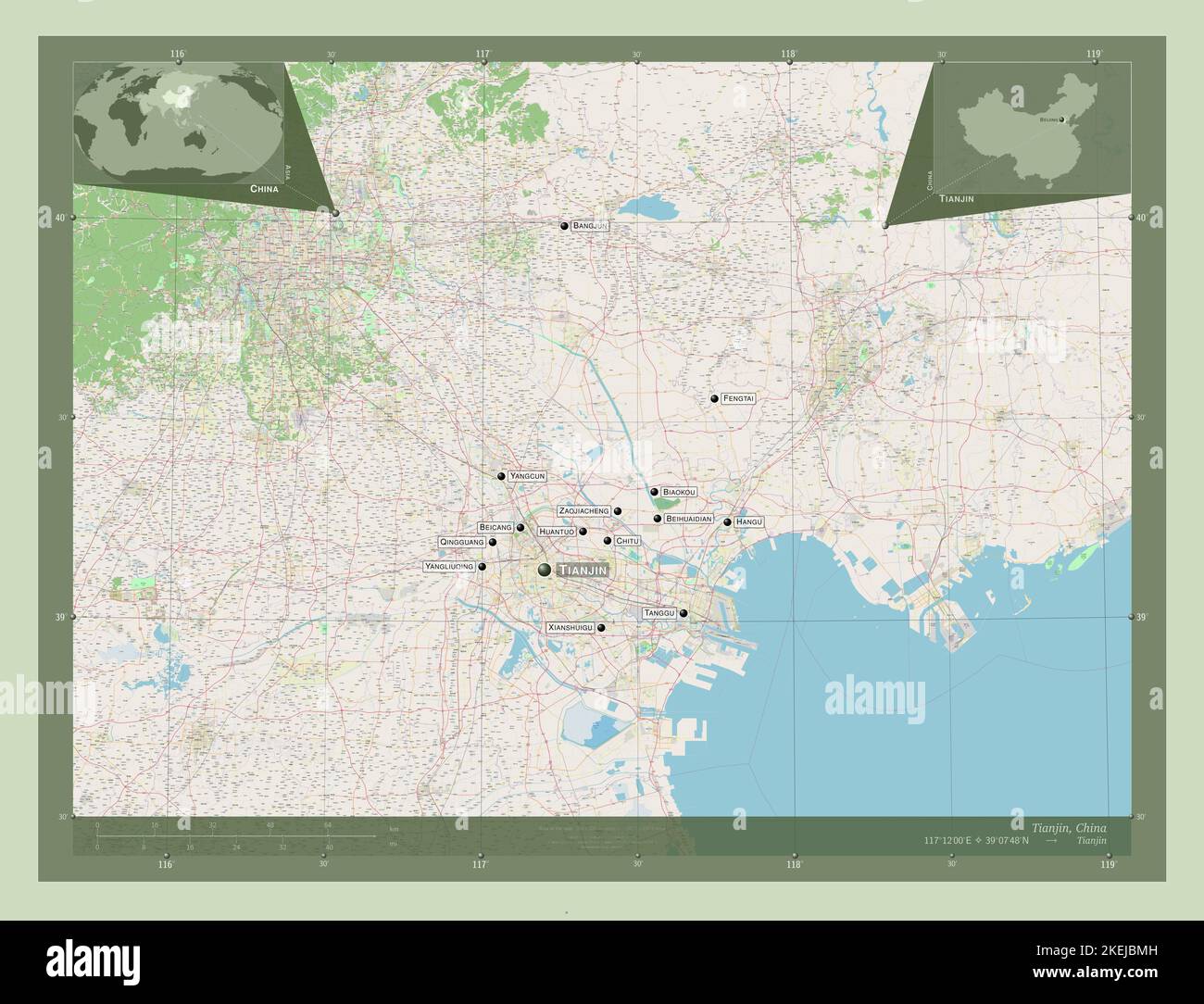 Tianjin, comune della Cina. Aprire la mappa stradale. Località e nomi delle principali città della regione. Mappe delle posizioni ausiliarie degli angoli Foto Stock