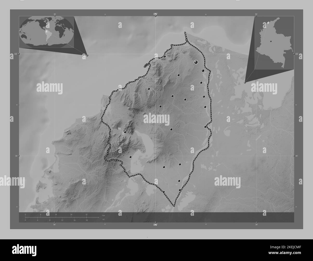 Atlantico, dipartimento della Colombia. Mappa in scala di grigi con laghi e fiumi. Posizioni delle principali città della regione. Posizione ausiliaria ad angolo m Foto Stock